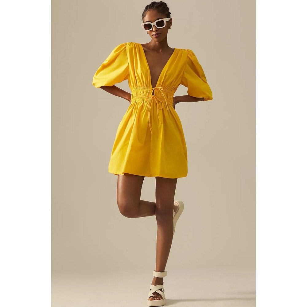Faithfull The Brand Roma Tie‎ Neck Mini Dress Yellow Puff Sleeve Size 8